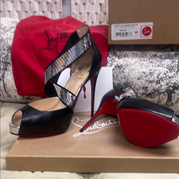 Christian Louboutin Black and Silver Heels with Signature Red Sole - Picture 1 of 4